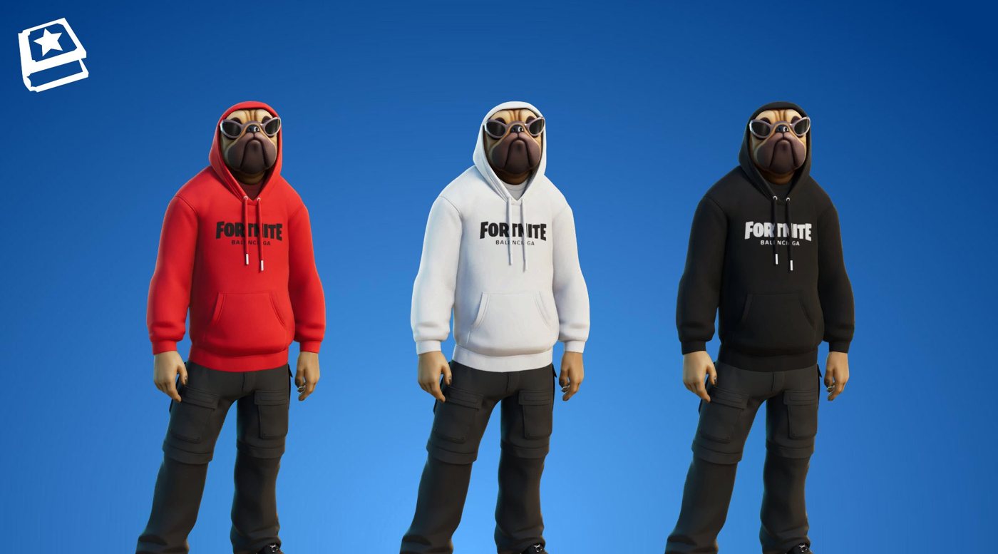 Fortnite's Doggo character in three colours of the Balenciaga hoodie