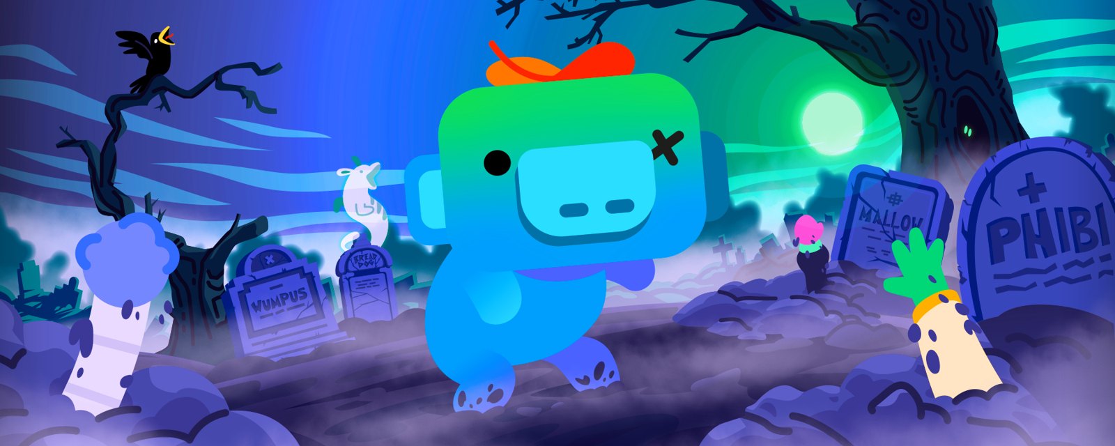 A zombified Wumpus shuffling through a graveyard with Discord's other characters