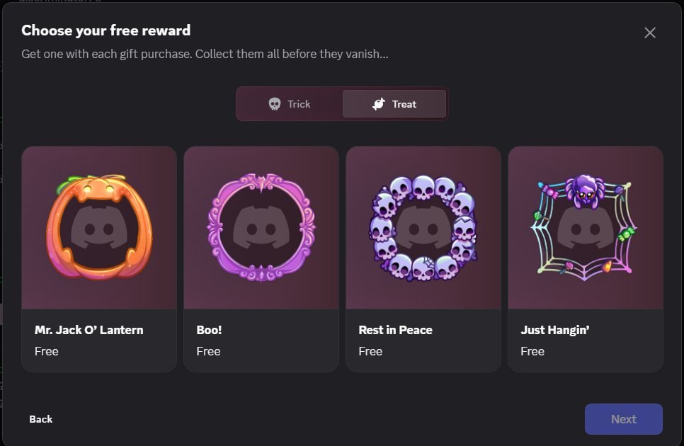 Discord's Choose your free reward screen with four Halloween avatar decorations