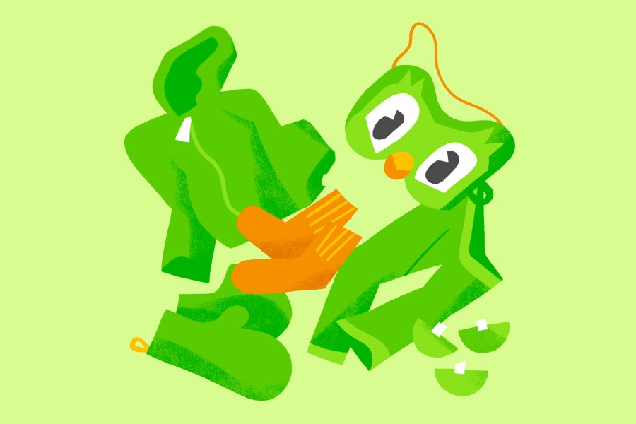 Illustration of a person putting on a green Duo the owl costume with orange gloves