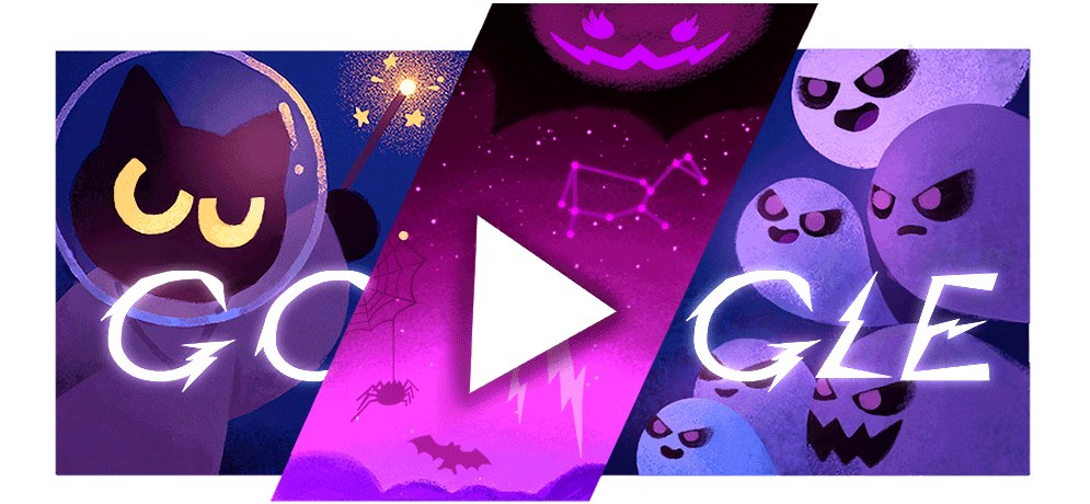 The Google Halloween 2024 doodle showing Momo the black cat with her magic wand next to purple ghosts