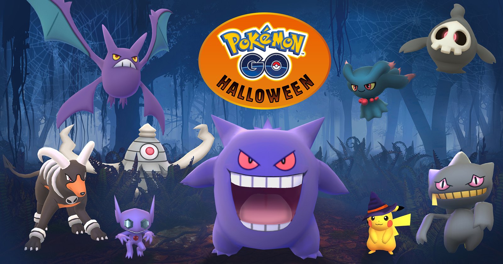 Pokémon GO Halloween 2017 art with Gengar, Pikachu in a witch hat and other ghost Pokémon