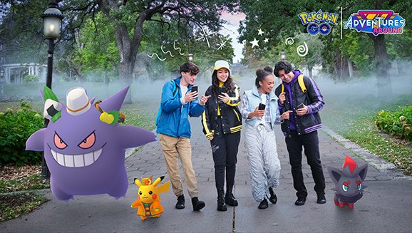 Pokémon GO Halloween 2023 art with a Gengar in a top hat and a Pikachu in a park