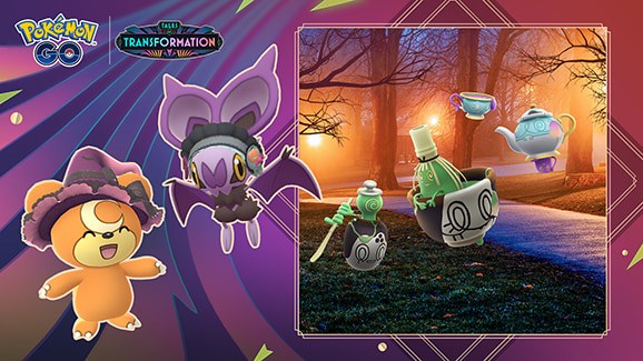 Pokémon GO Halloween 2025 key art with a Teddiursa in a witch hat and a costumed Noibat