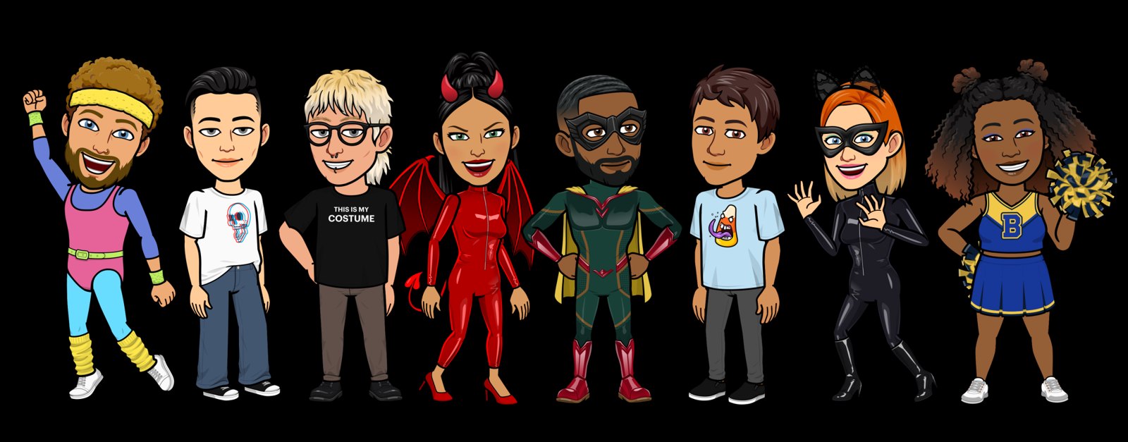 A row of Bitmoji avatars in Halloween costumes