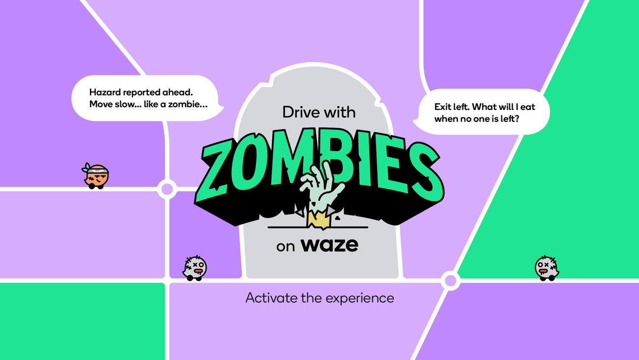 Waze's Drive with Zombies key art with a gravestone logo and zombie characters on a purple map