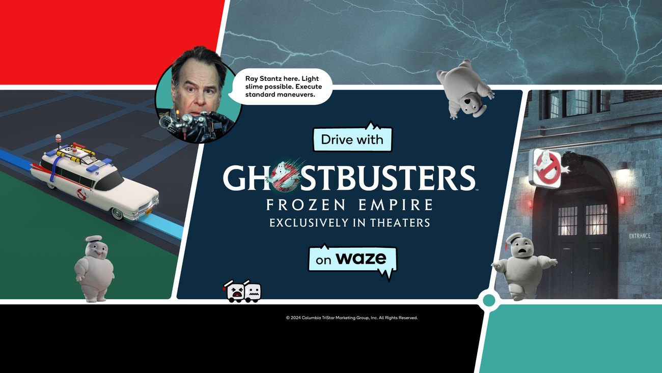 Waze's Drive with Ghostbusters key art with the Ecto-1 and Mini-Pufts