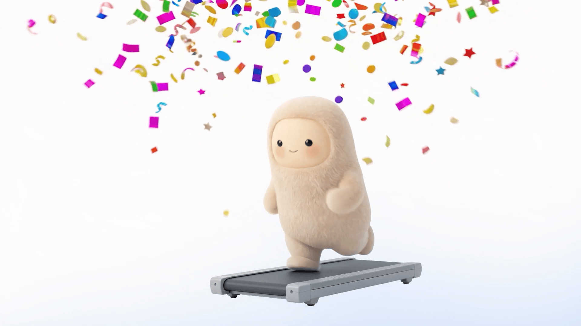 Jolly running on a treadmill beneath falling confetti