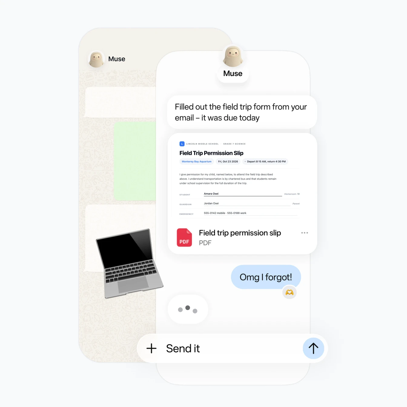 Muse interface showing Jolly completing a field trip permission form
