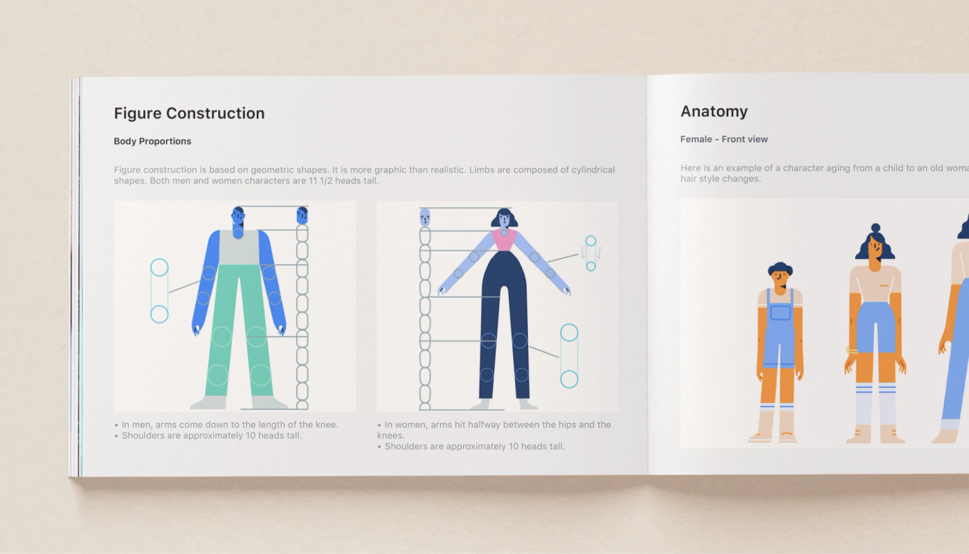 Pages from the Alegria style guide showing figure construction rules and blue-skinned characters