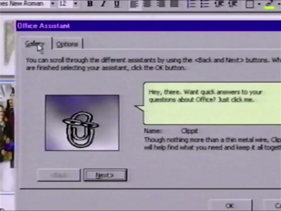 The Office 97 Choose Assistant gallery, showing Clippit and his description