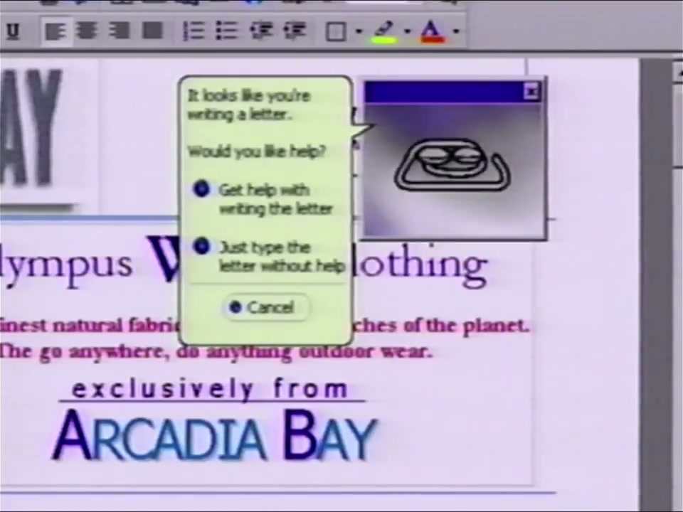 The Office Assistant balloon in Word 97 reading It looks like you are writing a letter