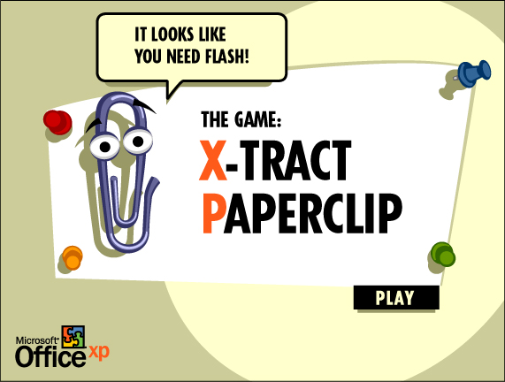 Title screen of X-Tract Paperclip, a Flash game on Microsoft Office XP marketing site