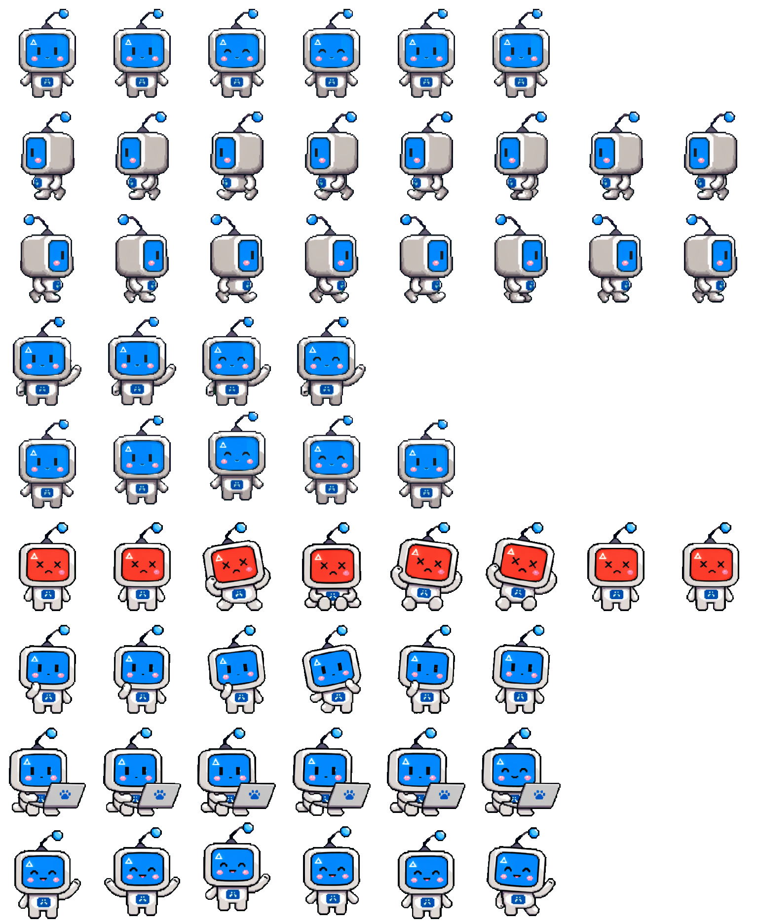 A sprite sheet showing Codex Buddies walking, working and reacting