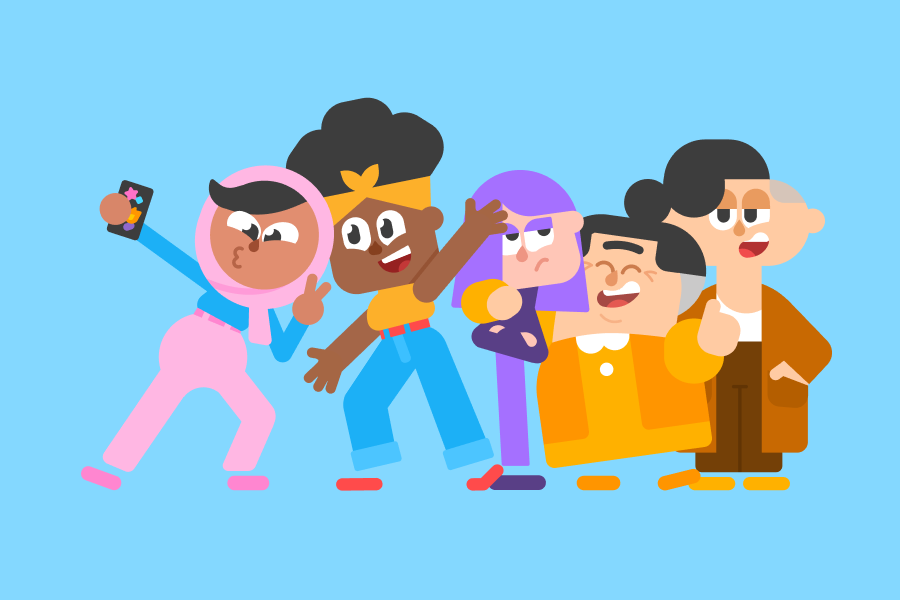 Five Duolingo characters posing together