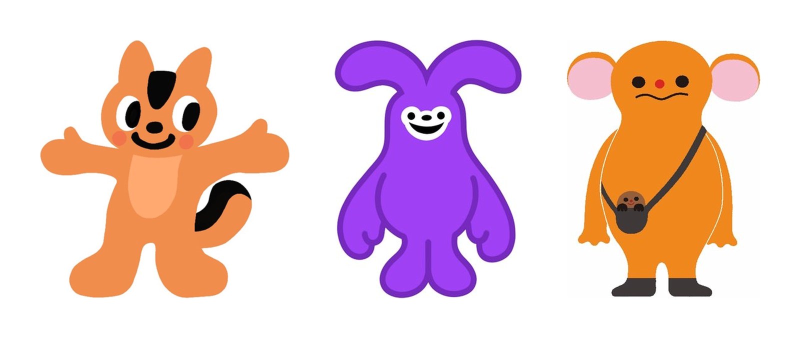 The three candidates to replace the Suica Penguin: an orange squirrel, a purple rabbit, and an orange creature carrying a mole in a pouch